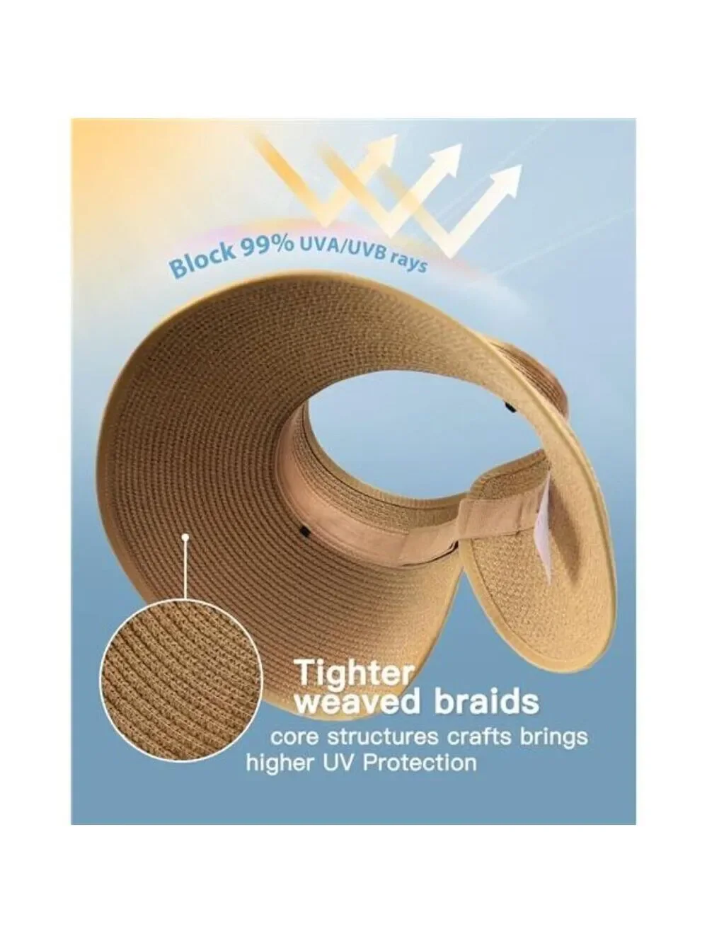 Wide Brim Straw Sun Visor Hat Women Ponytail UPF 50 Beach Packable Hat